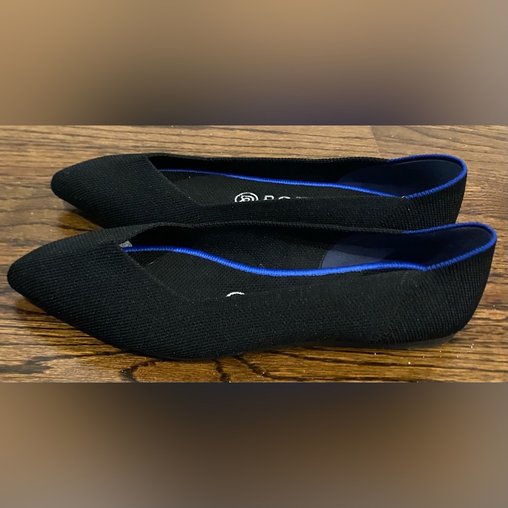 Rothy's The Pointe Black Knit Ballet Flats with Blue Trim Size 6.5 EUC
